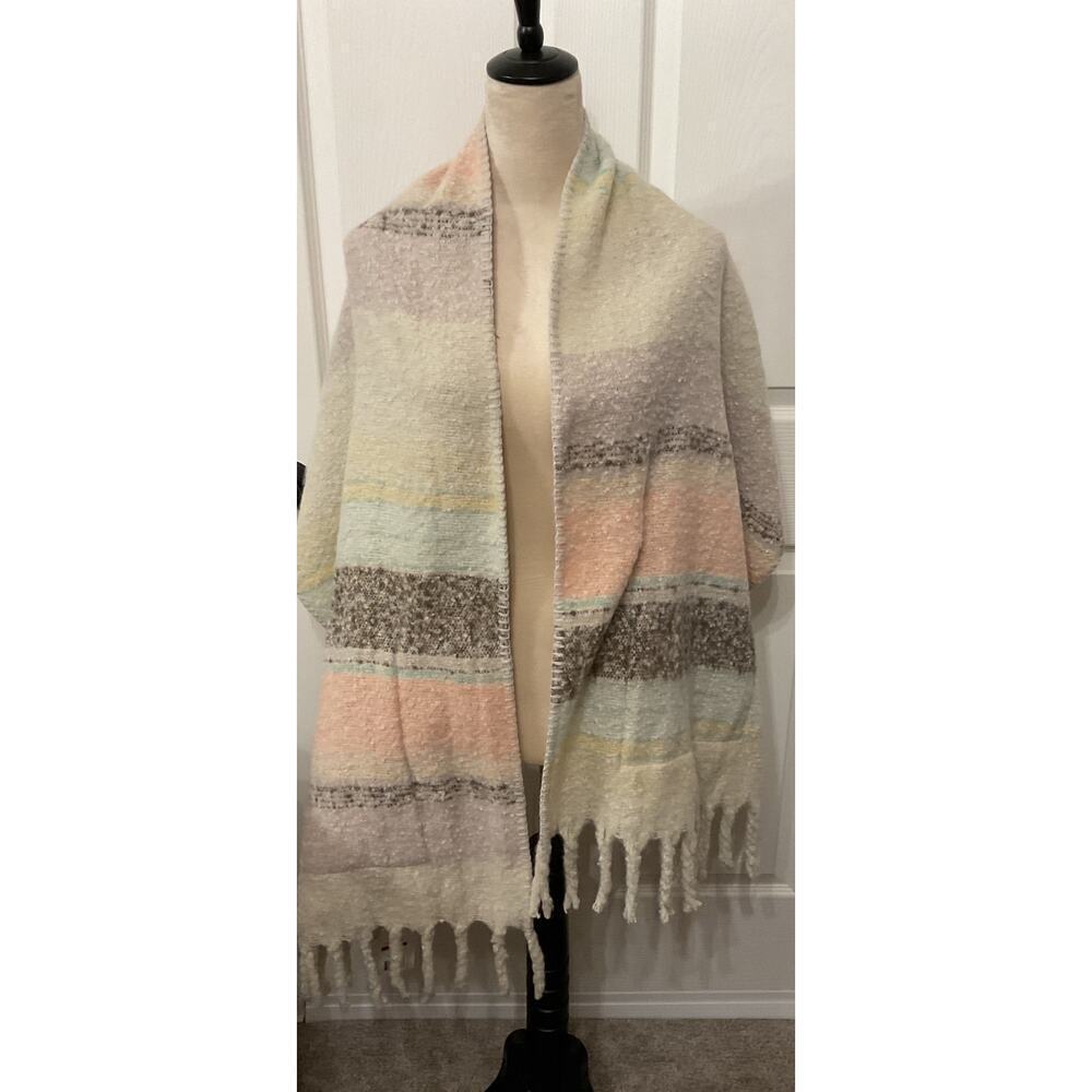 NWT True Craft Ivory Sail Combo Cozy Comfort Striped Fringe Wrap Scarf, OS